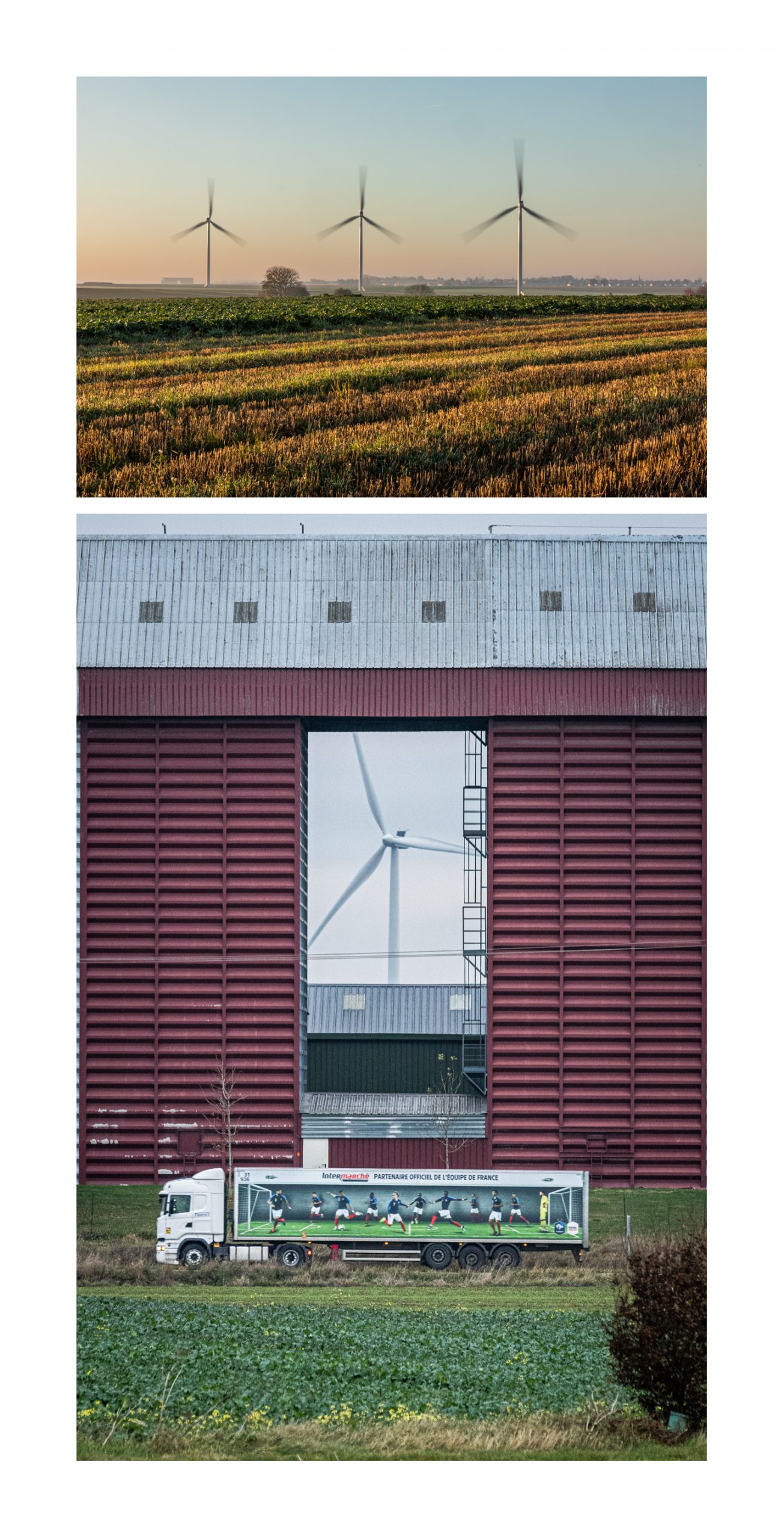 Mise en abîme paysagère - en haut : parc éolien et silos à l'horizon - en bas : lesdits silos encadrant l'aérogénérateur - à la frontière entre l'Oise et la Somme - novembre 2021